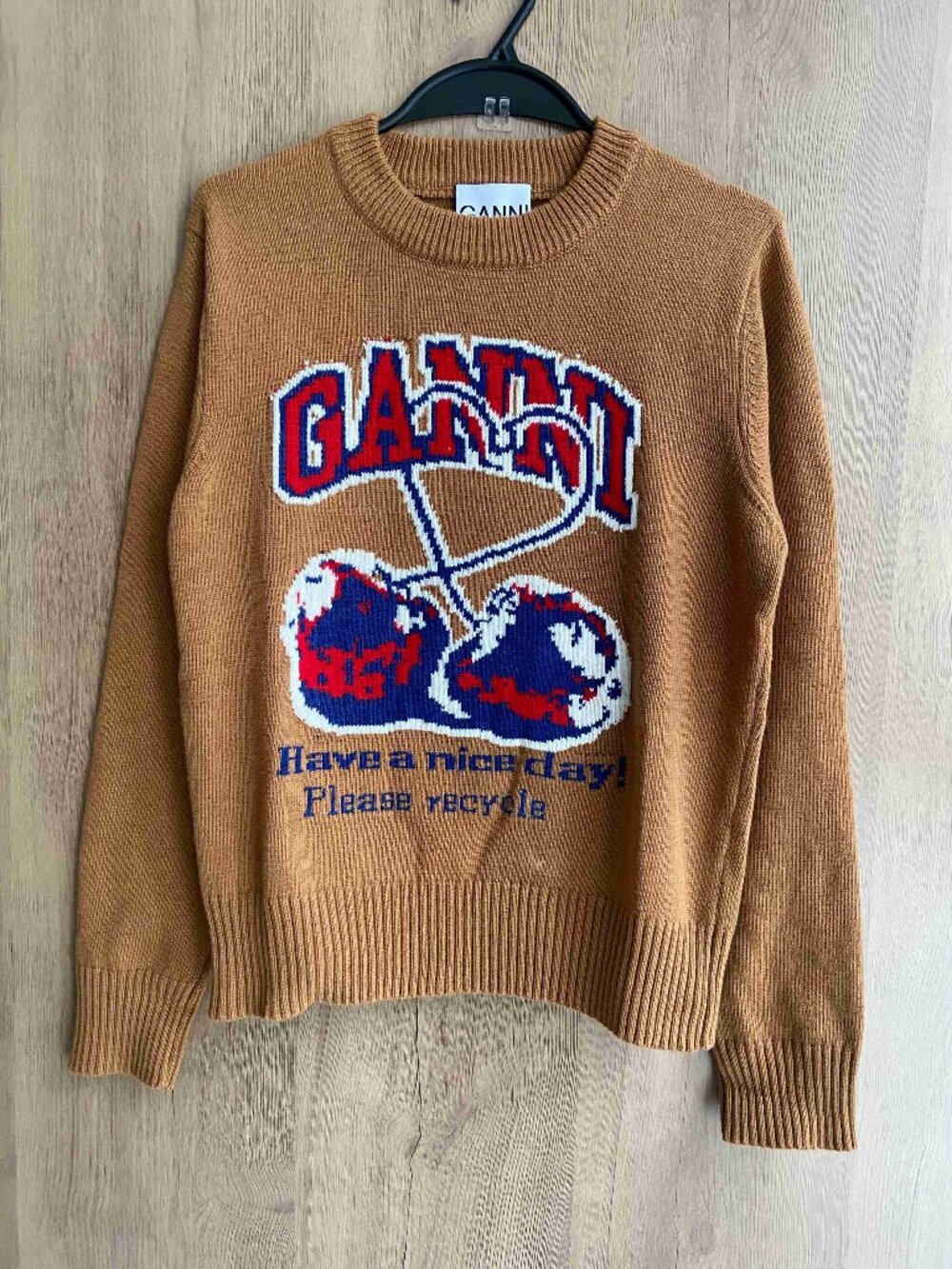 Ganni Brown Logo Cherry Print Pullover Sweater